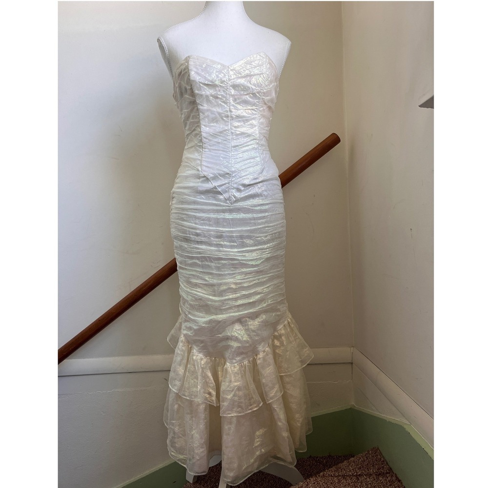 Vintage Gunne Sax Dress Strapless Iridescent Ruched Mermaid Gown Ruffle Prom 80s